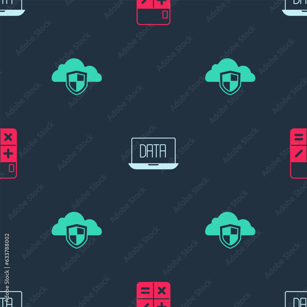 Poster set calculator, data analysis and cloud and shield on seamless pattern. vector