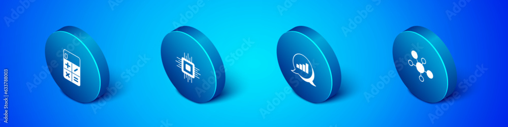 Poster set isometric calculator, pie chart infographic, mind map and processor cpu icon. vector
