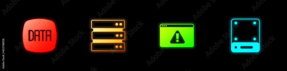 Poster set data analysis, server, browser with exclamation mark and icon. vector