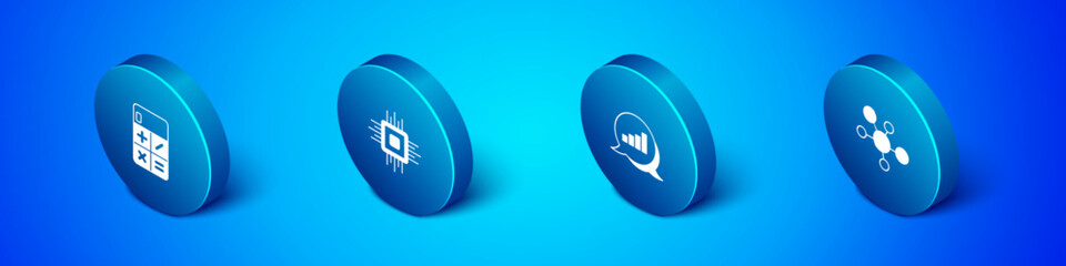 Set Isometric Calculator, Pie chart infographic, Mind map and Processor CPU icon. Vector