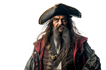man is an old bearded pirate in a hat on a white isolated background. Generative AI illustration