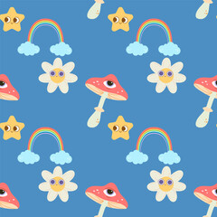 Seamless Groovy Pattern. Mushrooms, psychedelic, style, 70's