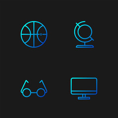 Set line Computer monitor screen, Glasses, Basketball ball and Earth globe. Gradient color icons. Vector