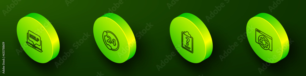 Poster set isometric line laptop and help, telephone 24 hours support, clipboard with question marks and br