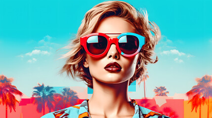 pop art collage of a blonde teenage girl with summer sunglasses on a palm tree summer vibe background, colorful abstract theme pop art concept, portrait of an adult woman in sunglasses, summer vibes