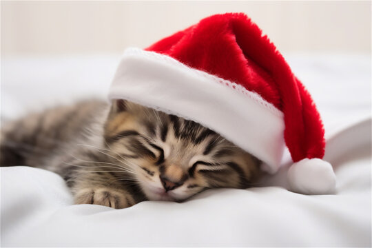 Cat in red Santa's hat sleeping on white cover in bed. Portrait of cat in red christmas hat. Christmas and New Year.