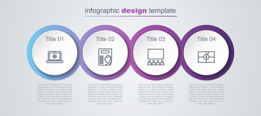 Set line Online play video, Cinema poster, auditorium with screen and Old film movie countdown frame. Business infographic template. Vector