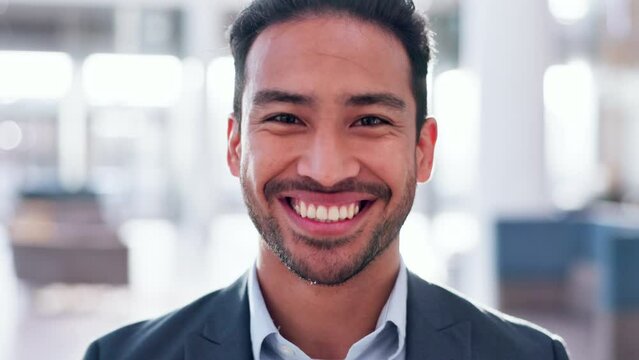 Face, businessman and happy accountant in office or employee on audit with pride, confidence and success in business. Portrait, man and financial advisor working in accounting or Mexico workplace