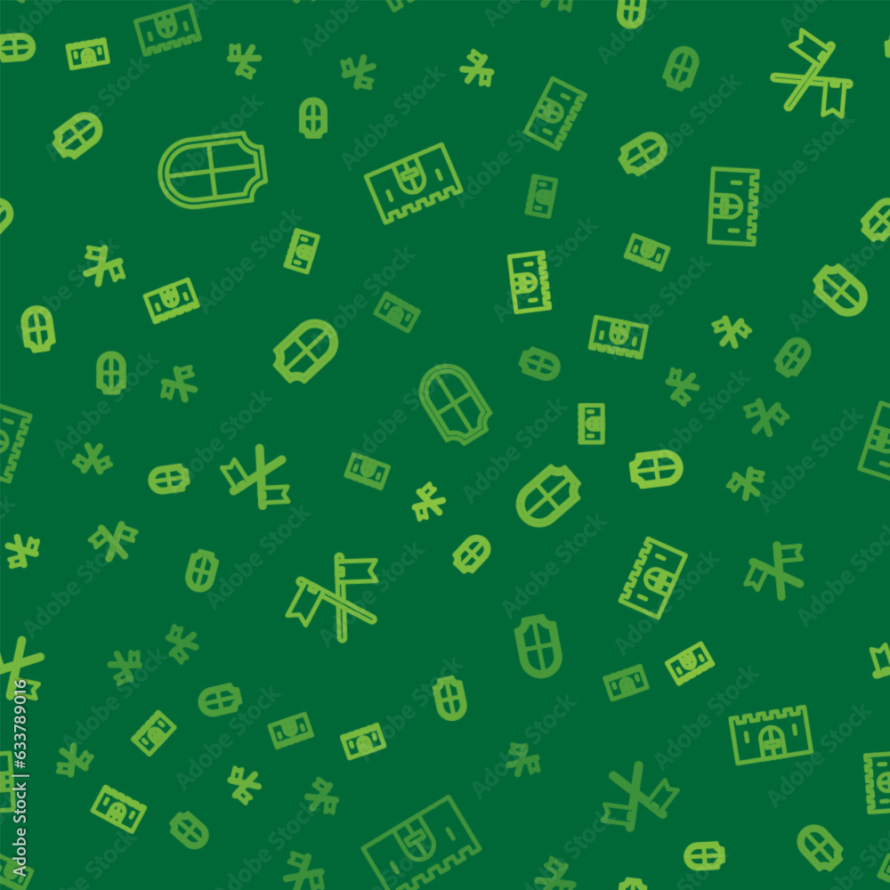 Poster set line shield, crossed medieval flag and medieval castle gate on seamless pattern. vector