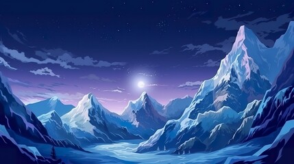 Snow peaks and glaciers on the dark sky landscape illustration.  - obrazy, fototapety, plakaty