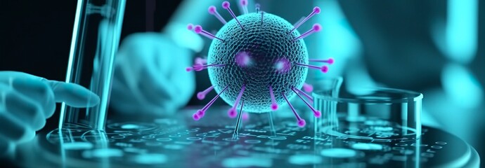 Scientists studying the serious coronavirus, virus. Pharmaceutical scientific research background.  - obrazy, fototapety, plakaty