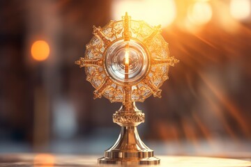 The golden monstrance with a little transparent crystal center, consecrated host. church defocused background.  - obrazy, fototapety, plakaty