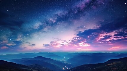 Milky Way and pink light at mountains. Night colorful landscape. Starry sky with hills at summer. Beautiful Universe. Generative AI