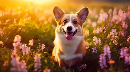 Charming corgi dog with flowers in the spring.