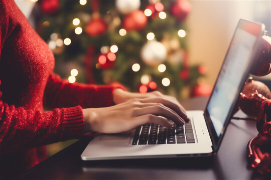 Close up of hands typing on laptop keyboard with christmas tree on background.