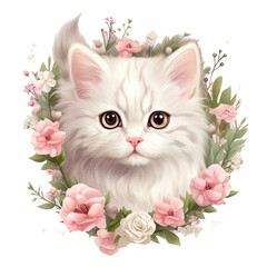 Illustrated portrait of a precious adorable cat with a rose wreath wearing colorful clothes