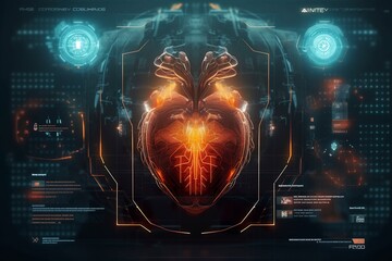 A GUI hologram of a futuristic human heart, holographic sci-fi interface, data lines, scales, and charts, cinematic, AI Generative - obrazy, fototapety, plakaty