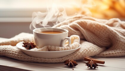 Cup of Steaming Tea Coffee, Knitted Blanket, and Cinnamon Anise. Generative AI