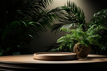 Fototapeta premium 3d render product podium with natural plant surrounding around it, blurred background
