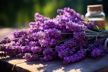 Photo of a beautiful bouquet of lavender flowers on a rustic table created with Generative AI technology