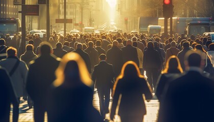 Crowd of people walking busy city street backlit. 