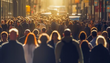 Fototapeta na wymiar Crowd of people walking busy city street backlit. 