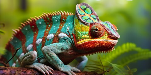 A colorful close up chameleon with a high crest on its head. 