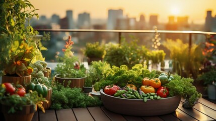 Fototapeta na wymiar City Terrace Garden with Vegetables Overlooking Urban Cityscape. Generative ai