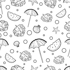 Vector Hand Drawn Summer Design elements. Beach Umbrella Isolated on White Background. Vintage Style Holiday Elements. Palm leaves Sea shell Seastar and watermelon slice. Summer Vacation Objects.