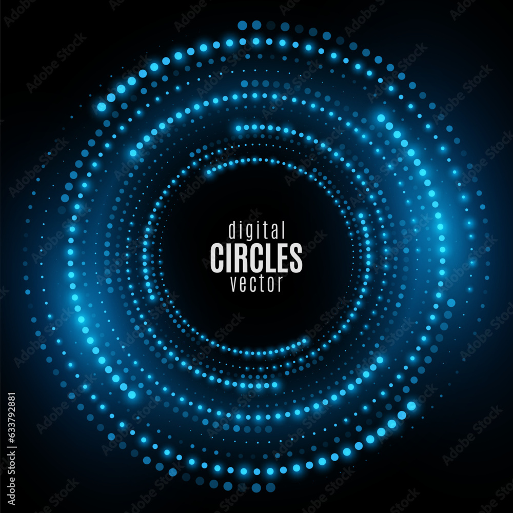 Poster digital circles of blue glowing dots. big data visualization into cyberspace with swirl energy. netw