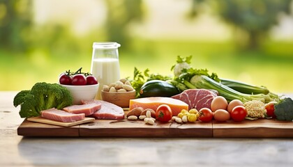 Closeup of vegetables, fruits, and meat on wooden table over green natural background.  - obrazy, fototapety, plakaty