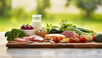 Fotobehang Closeup of vegetables, fruits, and meat on wooden table over green natural background.  © MSTSANTA