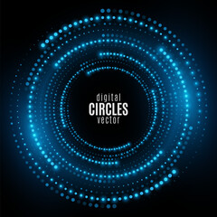 Digital circles of blue glowing dots. Big Data visualization into cyberspace with swirl energy. Network Information. Futuristic modern background. Vector illustration.