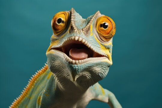 Studio portrait of happy surprised chameleon with open mouth.