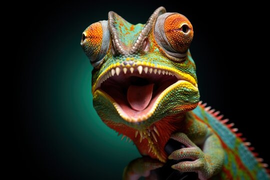 Studio portrait of happy surprised chameleon with open mouth.