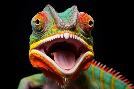 Studio portrait of happy surprised chameleon with open mouth.