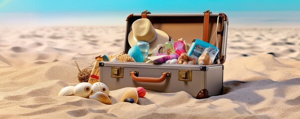 Fototapeta na wymiar Beach Preparation, Accessories In Suitcase On Sand. 