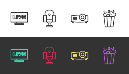 Set line Live stream, Director movie chair, Movie, film, media projector and Popcorn in cardboard box on black and white. Vector