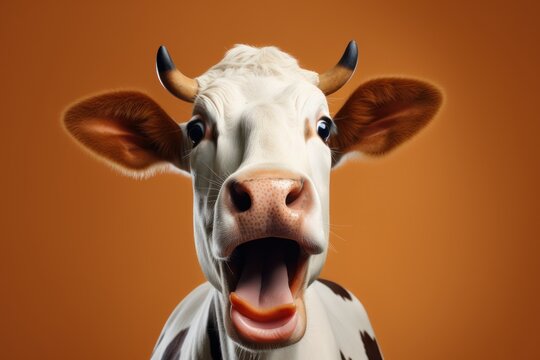 Happy surprised cow with open mouth.