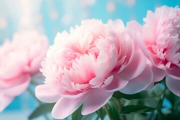 Beautiful pink large flowers peonies on a light blue turquoise background. 