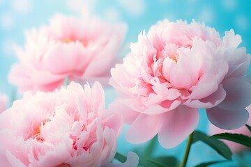 Beautiful pink large flowers peonies on a light blue turquoise background. 