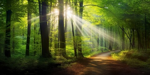 Fototapeta na wymiar Beautiful rays of sunlight in a green forest. 