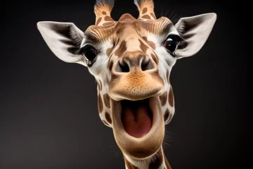 Gordijnen Happy surprised giraffe with open mouth. © vlntn