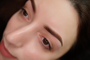 Finished eyebrows after permanent makeup in powder technique. Eyebrow permanent makeup cosmetic procedure.