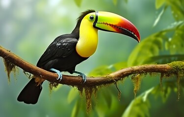Chesnut mandibled Toucan sitting on the branch in tropical rain with a green jungle. 