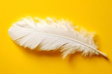 Close up of bright white feather. Copy space, yellow background. Fashion and Party concept. AI Generative
