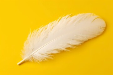 Close up of bright white feather. Copy space, yellow background. Fashion and Party concept. AI Generative