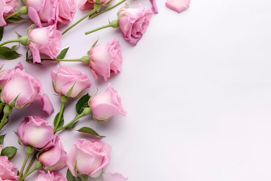 Close up of blooming pink roses flowers and petals isolated on white table background. Floral frame composition. Decorative web banner. Empty space, flat lay, top view. 