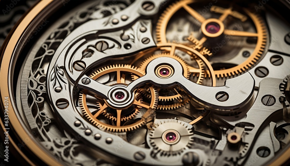 Poster intricate gear mechanism within a timepiece. generative ai