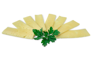 Cheese cut into thin slices, spread out like a fan, fresh parsley leaves in the center, isolated on a transparent background.
